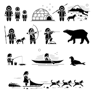 Eskimo Menschen Lifestyle Tiere Iglu Jagd Eisbär Husky Hund Schlitten Hunde Siegel Kanu Nord Arktis Instant Download PNG SVG Vektor