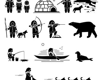 Eskimo People Lifestyle Animals Igloo Hunting Fishing Polar Bear Husky Dog Sled Dogs Seal Canoe North Arctic Instant Download PNG SVG Vector