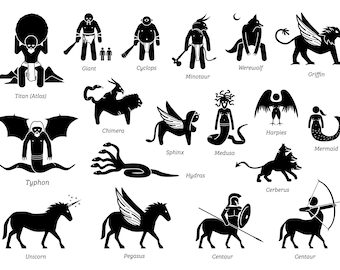 Monster Monsters Ancient Fantasy Old Greek Greece Mythical Mythology Myth Creature Creatures Silhouette Cartoon Bundle Set SVG PNG EPS