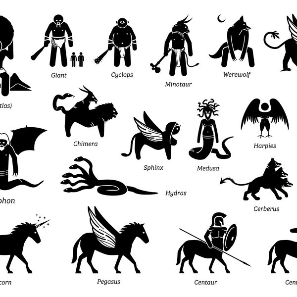 Monster Monsters Ancient Fantasy Old Greek Greece Mythical Mythology Myth Creature Creatures Silhouette Cartoon Bundle Set SVG PNG EPS