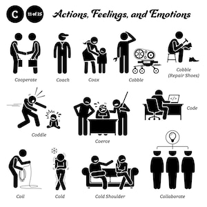 以下が含まれることがあります： 黒と白の棒人間イラストが、さまざまな行動、感情、そして感情を描いています。画像の上部には「行動、感情、そして感情」という文字があります。イラストの下には、「協力する、コーチする、説得する、修理する、甘やかす、強制する、コード化する、巻き取る、寒い、冷たい肩、協力する」という単語がリストされています。