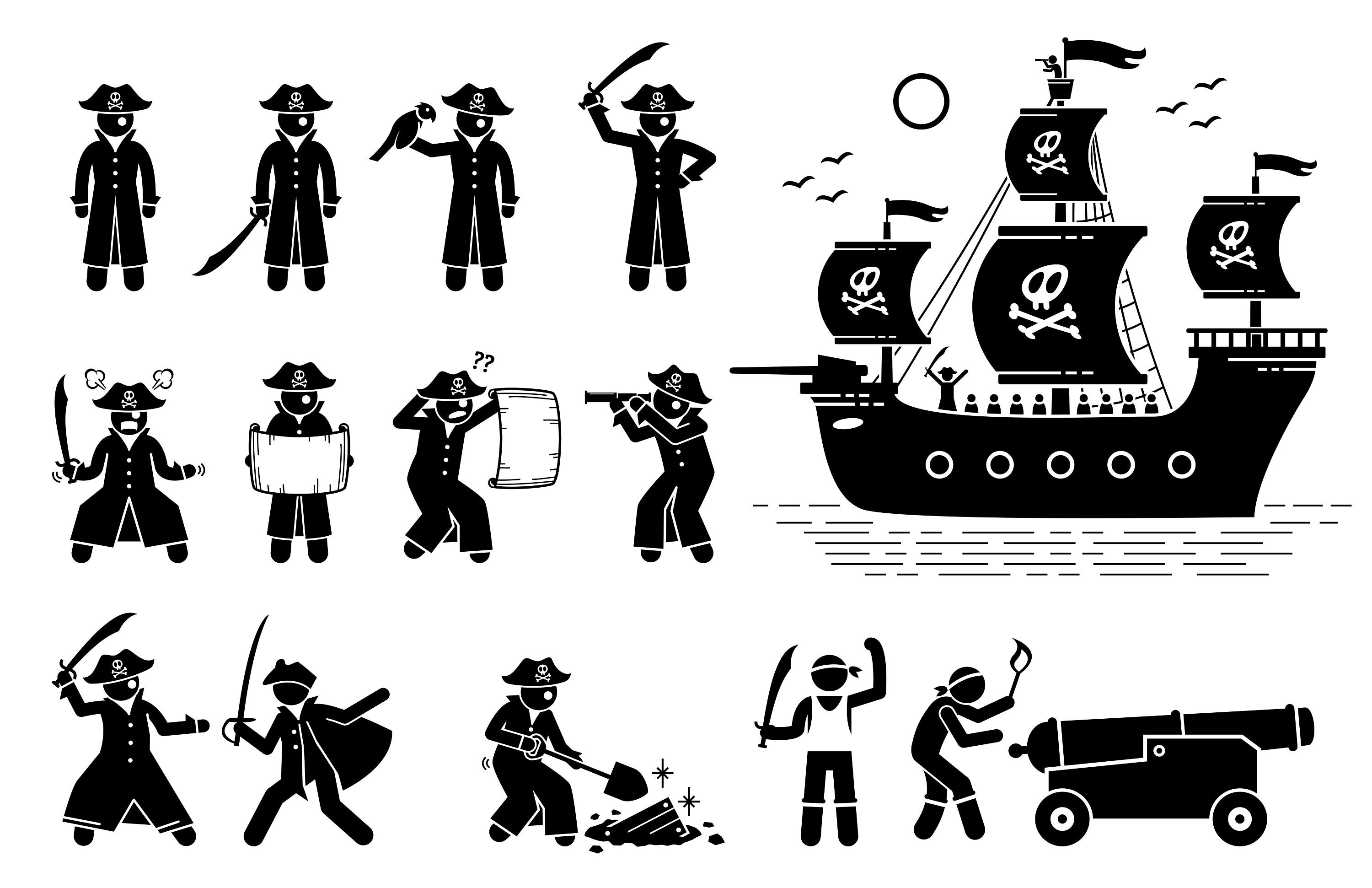 Cartoon italian pasta pirate sailor shooting guns - vector image