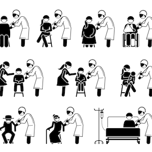 Könnte beinhalten: Schwarz-weiß-Illustrationen von Menschen, die sich impfen lassen. Die Illustrationen zeigen eine Vielzahl von Menschen, darunter Kinder, Erwachsene und Senioren, die von einem medizinischen Fachpersonal geimpft werden. Die Illustrationen sind einfach und leicht verständlich und vermitteln die Bedeutung der Impfung.