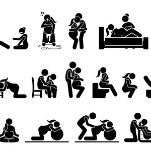 May include: Black and white stick figure illustrations showing different labour positions for childbirth.  Positions include squatting, kneeling, sitting on a chair, sitting on a birth ball, and lying in a bath.