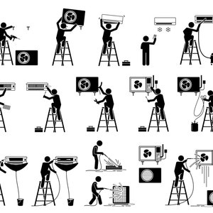 以下が含まれることがあります： エアコンのメンテナンスをしている梯子に乗った人の白黒イラスト。イラストは、清掃、修理、設置など、エアコンのメンテナンスのさまざまな段階を示しています。