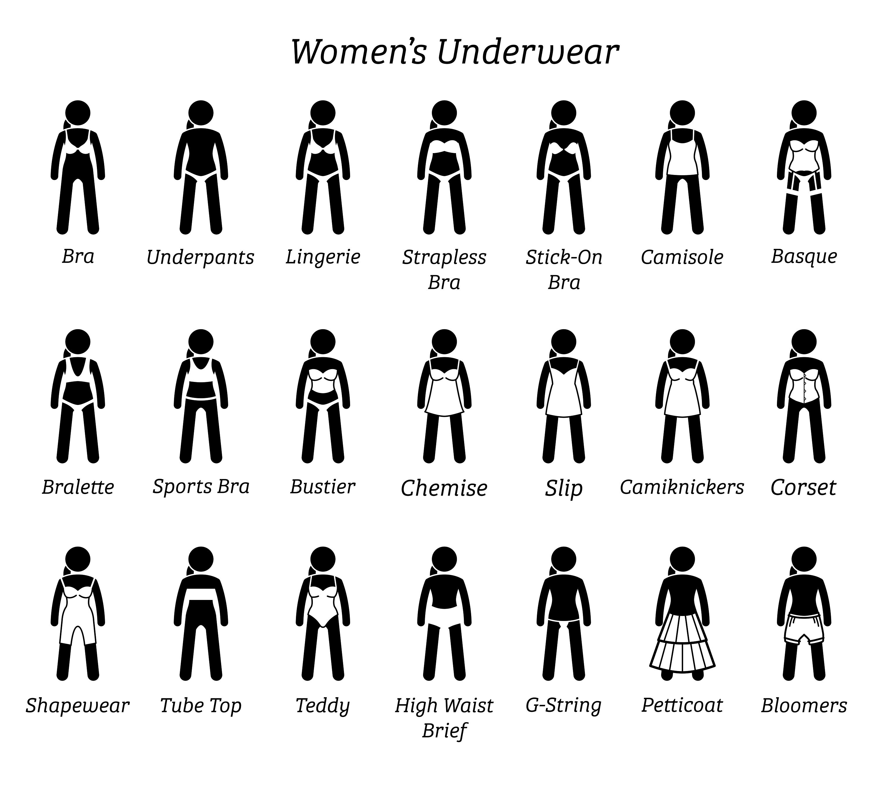 Women Skirts And Stick Figures Depict A Set Of Different Types Of Skirt