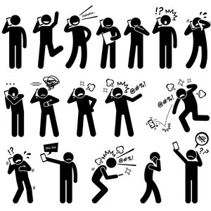 May include: A set of black and white stick figure illustrations depicting various reactions to a phone call, including laughing, confused, angry, and frustrated. The illustrations include text such as "Hahaha...", "!?", "@#%!", and "Bla bla".
