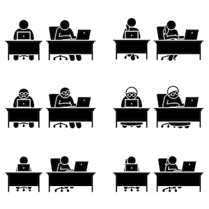 May include: Black and white illustration of people sitting at desks using laptops. The illustration shows a variety of people, including men, women, and older adults.