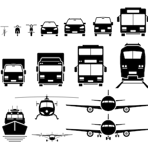 May include: Black and white silhouette icons of various modes of transportation, including a motorcycle, car, truck, bus, train, helicopter, and airplane.