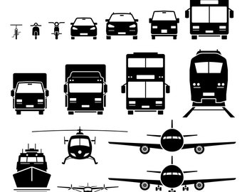 Front View Ground Air Water Transportation Transport Vehicles Vehicle Plane Bicycle Car Van Bus Truck Ship Icons PNG SVG EPS Vector Download