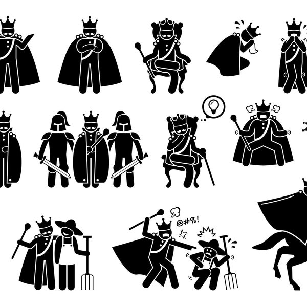King Ruler Monarch Emperor Sultan Cartoon Character Medieval King Poses Emotions Emotions Emotions Actions Crown Throne Télécharger Icônes PNG SVG Vector