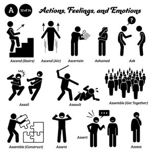 Puede incluir: Ilustraciones en blanco y negro de figuras de palo que representan acciones, sentimientos y emociones. Las ilustraciones incluyen acciones como subir escaleras, ascender en el aire, hacer una pregunta, reunir un grupo y armar un rompecabezas. Las ilustraciones también incluyen sentimientos como la vergüenza y emociones como la asertividad.