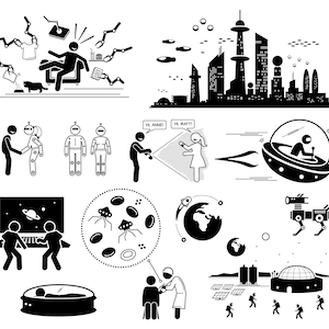 May include: Black and white illustrations of futuristic technology, including robots, flying cars, space travel, and virtual reality. The illustrations depict a world of innovation and progress.