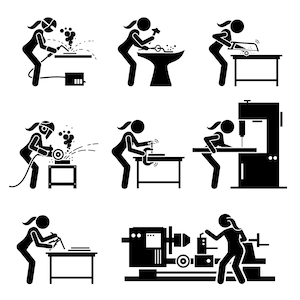 May include: Black and white illustration of a woman working with various tools and machinery. The woman is shown using a welding torch, a hammer, a saw, a grinder, a jigsaw, and a lathe.