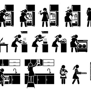 Girl Cooking Meal Prepare Food Preparation Kitchen Home Cook Freezer Refrigerator Baking Bake Pastry Artwork Stick Figure PNG SVG EPS Vector