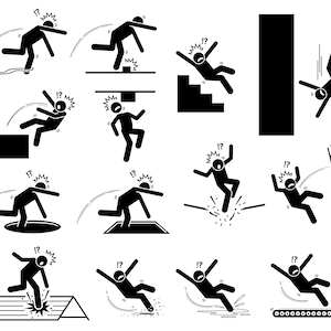 May include: A set of 14 black and white stick figure illustrations depicting various workplace safety hazards, such as falling from heights, tripping, and slipping on wet surfaces. The illustrations are designed to warn workers about potential dangers and promote safe work practices.