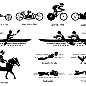 Könnte beinhalten: Schwarz-weiße Strichmännchen-Illustrationen verschiedener Sportarten, darunter Rollstuhlrennen, Liegeradfahren, Radfahren, Kanufahren, Rudern, Reiten und Schwimmen. Die Sportarten sind mit ihren Namen beschriftet.