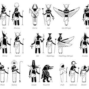 Peut inclure: Illustrations en noir et blanc de dieux et déesses égyptiens. Les illustrations sont dans un style simple et cartoon et représentent chaque divinité avec ses attributs traditionnels. Les noms de chaque divinité sont listés sous leurs illustrations respectives.