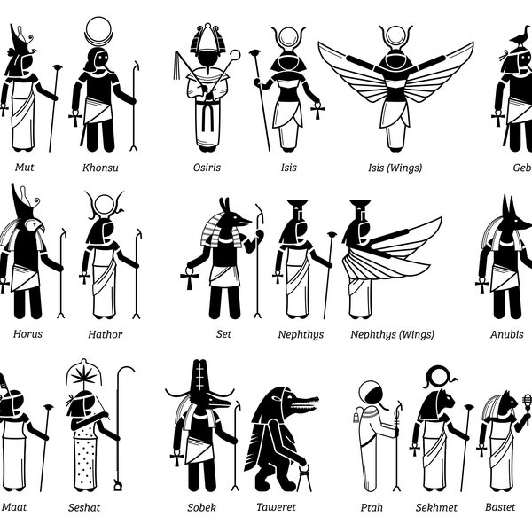 Ancient Egyptian God Goddess Deities Egypt Deity Amon Osiris Isis Horus Anubis Seth Sobek Taweret Icons Bundle Set SVG PNG EPS Vector