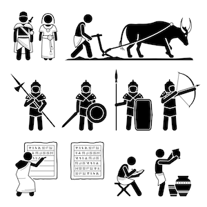 May include: Black and white stick figure illustrations depicting various aspects of ancient Egyptian life, including farming, warfare, writing, and pottery.