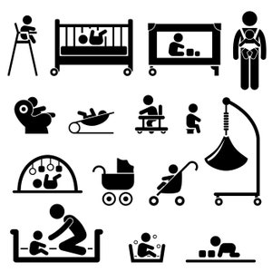 May include: Black and white icons depicting various baby products, including a high chair, crib, playpen, baby carrier, bouncer, swing, walker, stroller, play mat, and bathtub.
