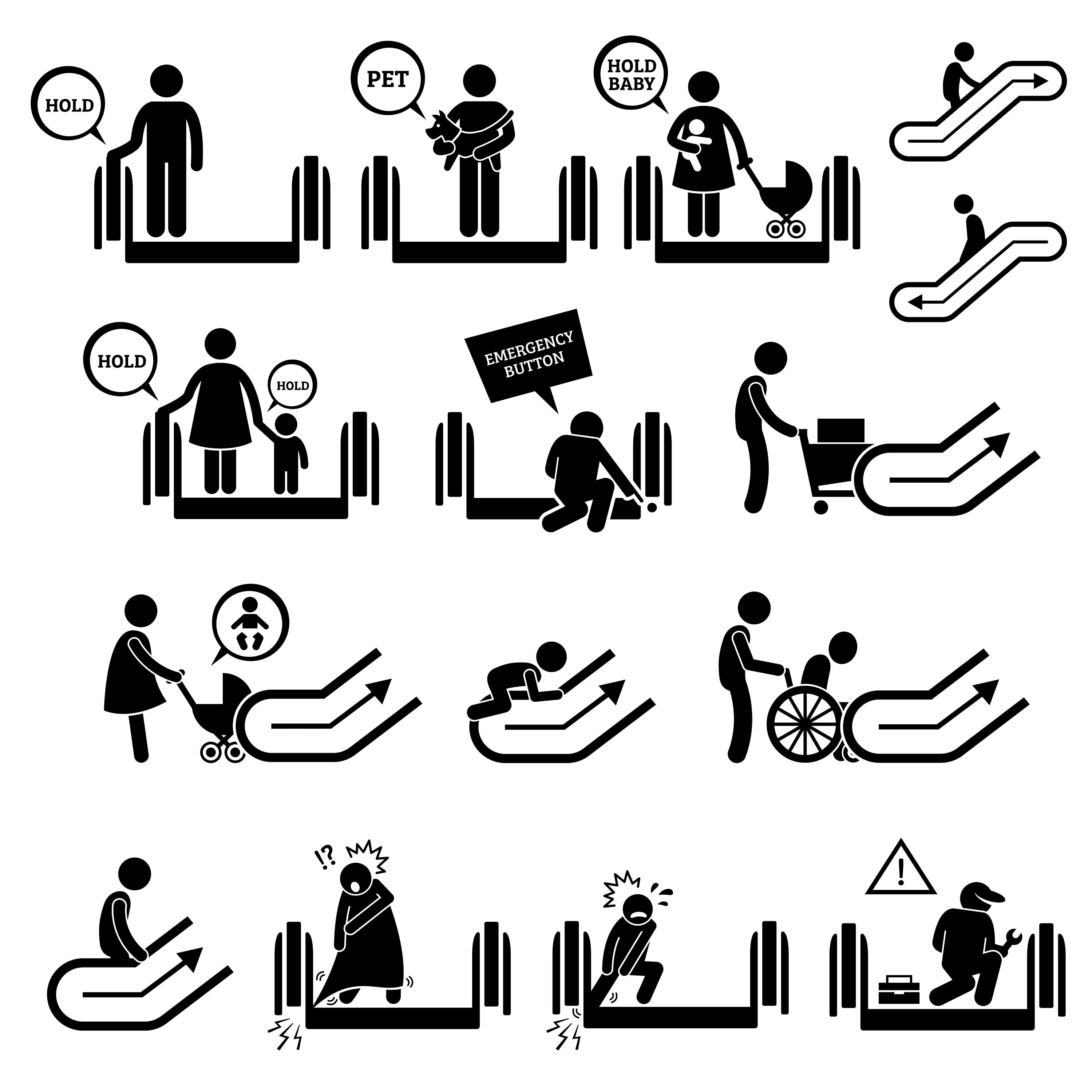 Escalator Warning Signs Symbols People Guides Guidelines Adult Child Kid Baby Stroller Danger Risk Warning Caution Download PNG SVG Vector