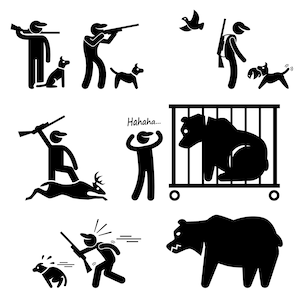 Könnte beinhalten: Eine Schwarz-Weiß-Illustration zeigt verschiedene Jagdszenen. Figuren mit Gewehren werden mit Hunden, einem Hirsch und einem Bären gezeigt. Eine Szene zeigt einen Bären in einem Käfig, und eine andere zeigt einen Bären allein. Das Wort "Hahaha..." ist ebenfalls vorhanden.