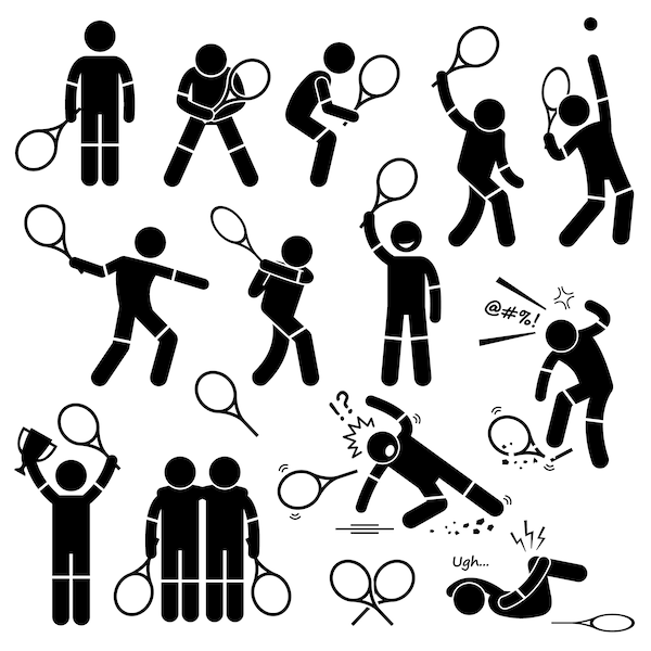 Tennisspieler Aktionen Athlete Racket Serve Hit Swing Champion Trophy Partner Double Team Sport Injury Stick Figur herunterladen PNG SVG Vector