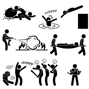 May include: Black and white stick figure illustrations depicting various emergency situations, including a person trapped under a rock, a person drowning, a person being rescued from a fire, a person being carried on a stretcher, a person being attacked, and a person rescuing a pet.
