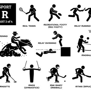 Puede incluir: Ilustraciones en blanco y negro de figuras de palo que representan diferentes deportes, incluyendo tenis real, fútbol recreativo, carrera de relevos, doma, natación de relevos, ringball, ringette, anillos, bandy sobre hielo y ritinis. El texto "SPORT R PART 2 of 4" está en la parte superior de la imagen.