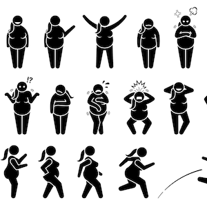 May include: A set of black and white stick figure illustrations depicting a variety of poses and emotions of a pregnant person. The illustrations include a person standing, sitting, walking, running, and jumping. The person is also shown with different facial expressions, such as smiling, frowning, and thinking.