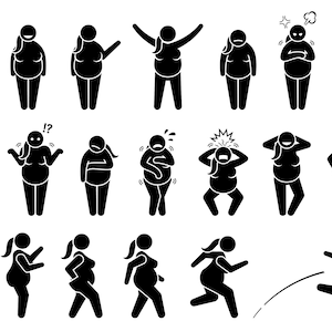 Overweight fat woman women girl female lady obese obesity plump basic poses postures xl xxl extra large stick figure icon SVG PNG EPS Vector image 1