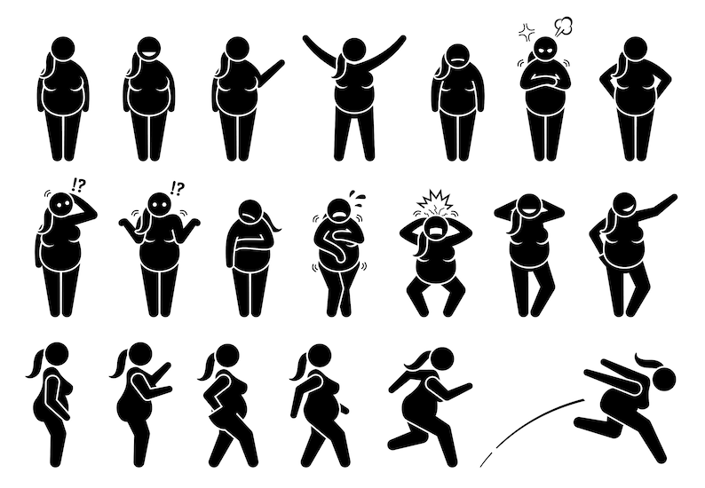 Overweight fat woman women girl female lady obese obesity plump basic poses postures xl xxl extra large stick figure icon SVG PNG EPS Vector image 1