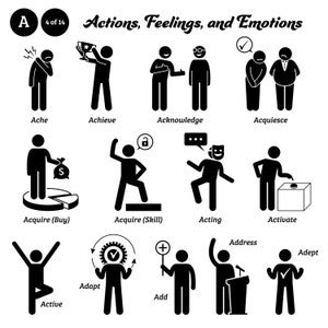 Può includere: Illustrazioni in bianco e nero raffiguranti varie azioni, sentimenti ed emozioni. L'immagine include parole come "Ache", "Achieve", "Acknowledge", "Acquire", "Adapt", "Add", "Active", "Address", "Activate" e "Adept".