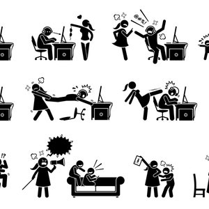 May include: A black and white illustration of various scenarios depicting the challenges of working from home, including arguments, distractions, and interruptions.