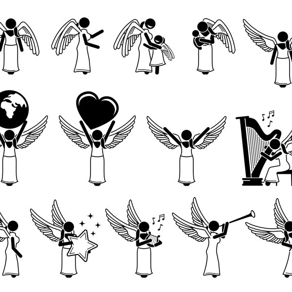 Weiblicher Gott Engel Flügel Halten Trageschutz Hug Kind Baby Erde Liebe Spielen Musikinstrumente Violine Harfe Trompete Musik SVG PNG EPS Vektor