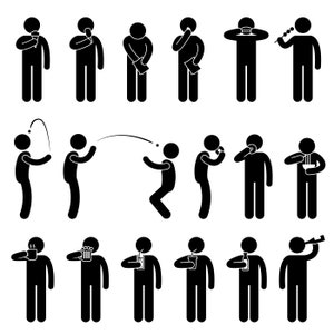 Può includere: Un set di illustrazioni di figure stilizzate in bianco e nero che rappresentano diverse attività, tra cui mangiare, bere e giocare. Le figure sono semplici e stilizzate, con un focus sulle azioni che stanno svolgendo.