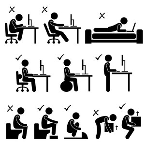 May include: Black and white illustrations showing correct and incorrect posture for sitting, standing, and lifting.  The illustrations show a person sitting at a desk, standing at a desk, and lifting a box.  The illustrations are marked with a tick for correct posture and a cross for incorrect posture.