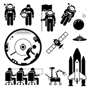 Pode incluir: Ilustrações em preto e branco de astronautas, naves espaciais e equipamentos de exploração espacial. As ilustrações incluem astronautas com trajes espaciais, uma nave espacial a ser lançada, um satélite, uma estação espacial e um rover.