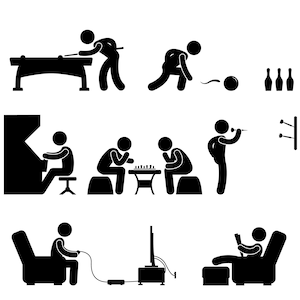 May include: Black and white stick figure illustrations of people playing various games, including pool, bowling, darts, chess, video games, and arcade games.