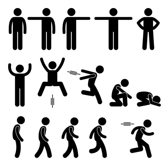 Stick man body. Black pictogram silhouettes of people in various