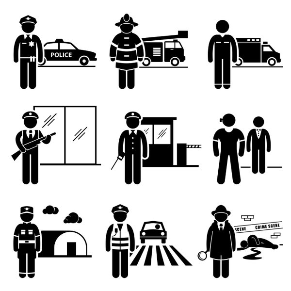 Public Safety Security Jobs Police Firefighter EMT Guard Watchman Bodyguard Soldier Traffic Officer Detective Download Icons PNG SVG Vector