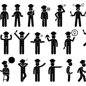 Chef Cook Poses Feelings Actions Emotions Character Personality Traits Happy Sad Angry Successful Stick Figure PNG SVG EPS Vector Download