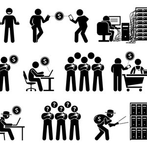 Może przedstawiać: Czarno-białe ilustracje postaci z patyków przedstawiające różne scenariusze związane z bezpieczeństwem i prywatnością w Internecie. Ilustracje przedstawiają osoby korzystające ze smartfonów, komputerów i wchodzące w interakcje z serwerami. Niektóre ilustracje przedstawiają osoby, które zostały zhakowane lub którym skradziono dane.