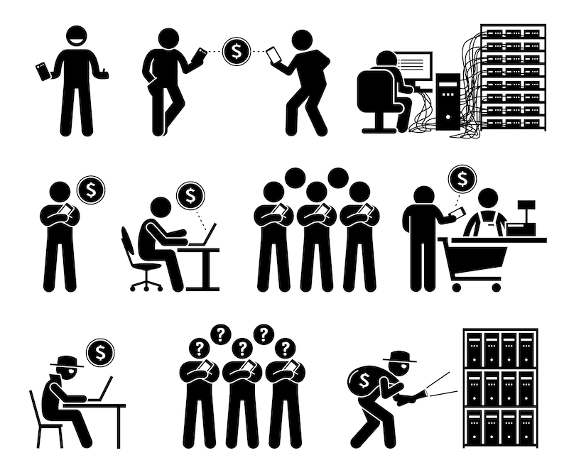 以下が含まれることがあります： オンラインセキュリティとプライバシーに関連するさまざまなシナリオを描いた白黒の棒人間イラスト。イラストは、スマートフォンやコンピューターを使用したり、サーバーとやり取りしたりする人々を示しています。一部のイラストは、ハッキングされたり、データが盗まれたりする人々を示しています。