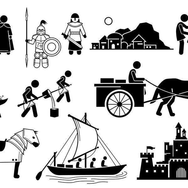 Ancient History Iron Age Medieval Human Civilization Middle Age Transportation Sailing Empire Castle Fort Blacksmith Man SVG PNG EPS Vector