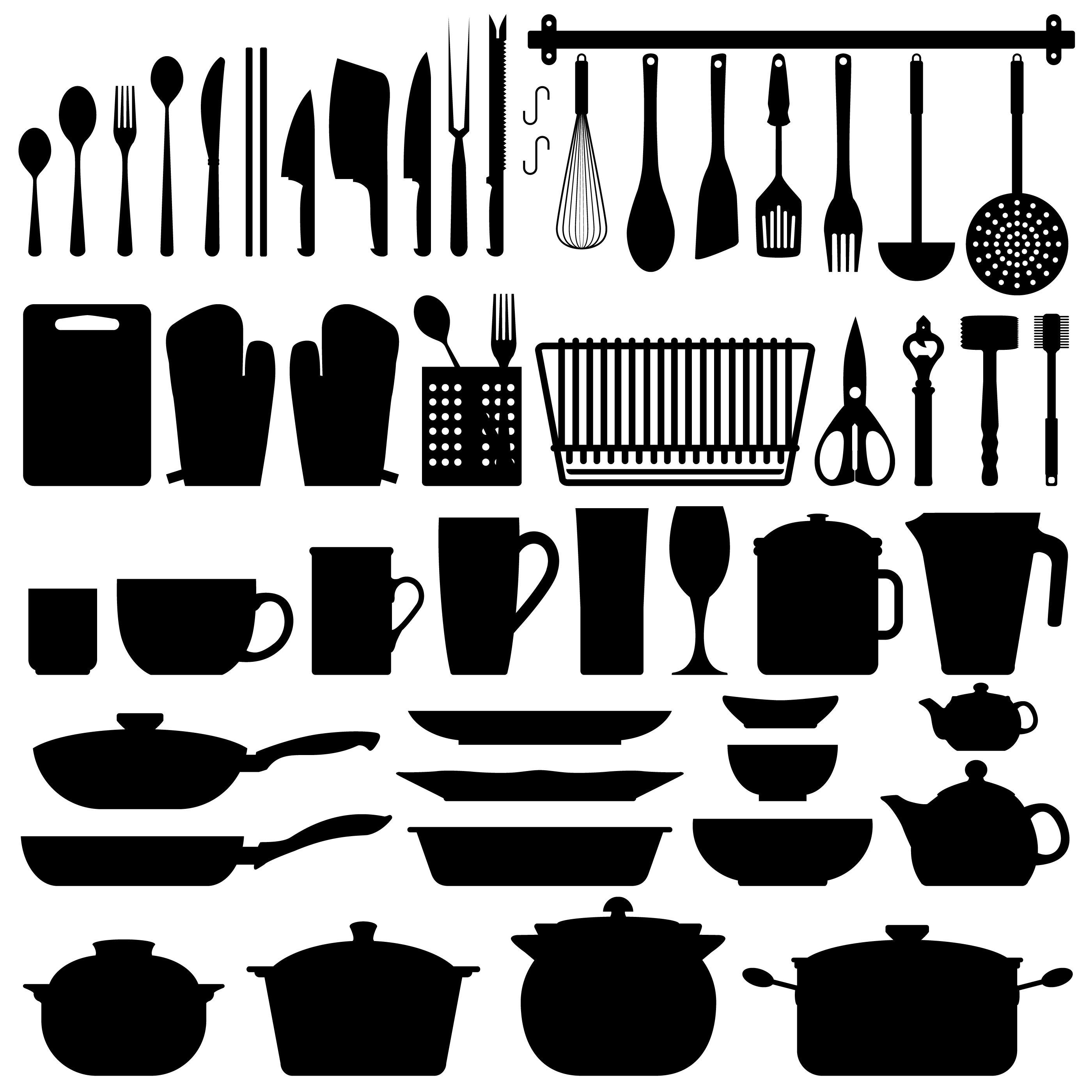 Kitchen utensils illustrations set. Cooking, dinner service, with names.  Black silhuettes of kitchenware with white outlines. Stock Vector