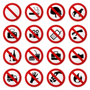 May include: Set of 16 red and white prohibition signs with various symbols, including no smoking, no photography, no pets, no food, no drinks, no phones, no littering, no shoes, no hands, no fire, and no parking.