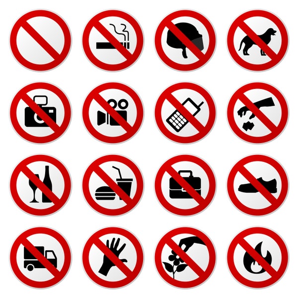Forbidden Signboards, Do Not Sign, No Smoking, No touching, No Camera, No Shoes, No Litter, Prohibited Restriction, SVG PNG, Vector, Symbols
