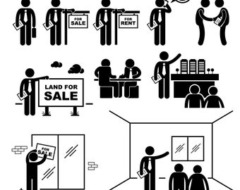 May include: Black and white stick figure illustrations depicting various real estate scenarios, including a realtor showing a house to a couple, a realtor holding a sign that says "For Sale", and a realtor holding a sign that says "For Rent".
